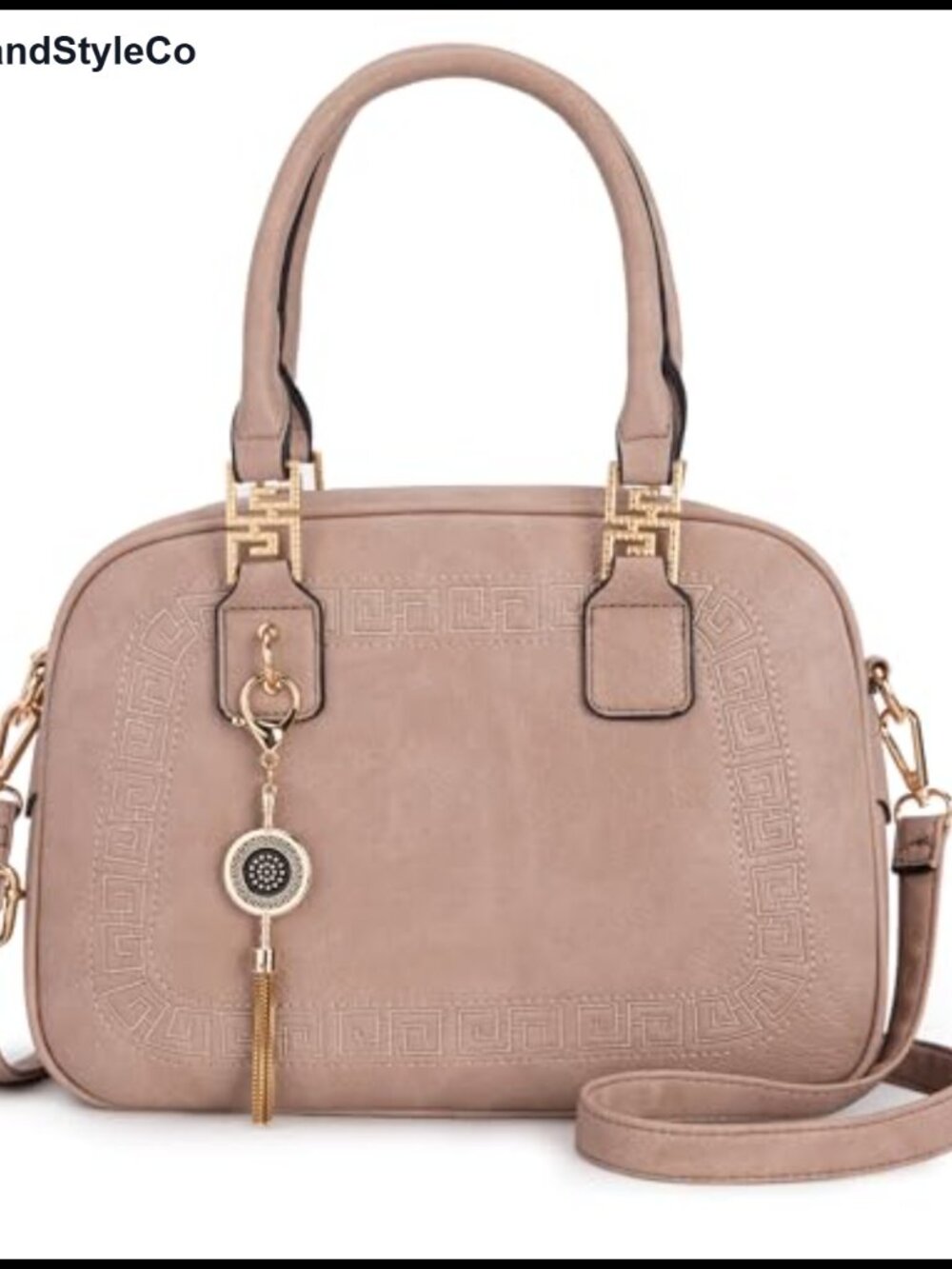 Faux Leather Satchel Crossbody Handbag with Detachable Strap, Greek Key Pattern